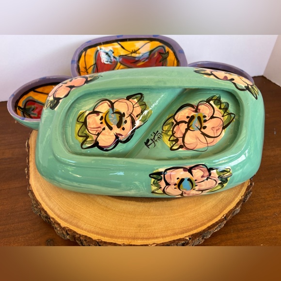Kelly Jo Kuchar 4 PC Chip & Dip Set. Handpainted Handmade in Mexico. Signed. - Picture 4 of 16